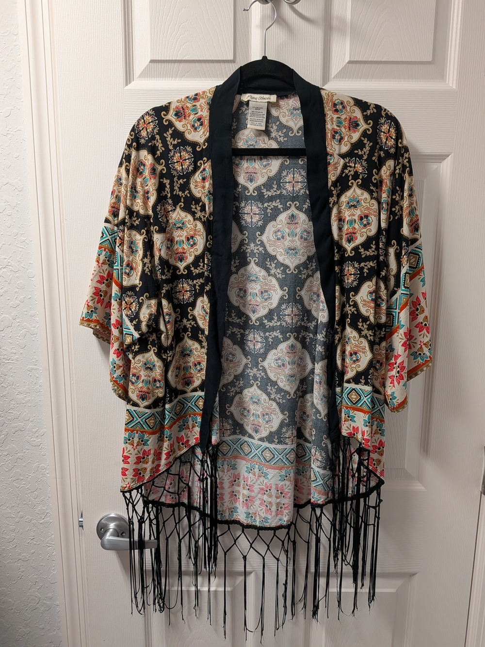 Flying Tomato Black Multi-Print Boho Fringe Kimono